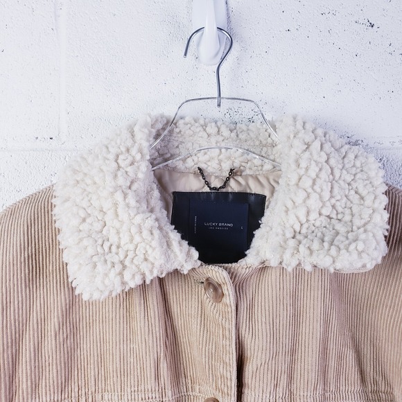 Lucky Brand Womens Large Long Corduroy Jacket Faux Fur Collar Tan Button Front - Picture 5 of 10